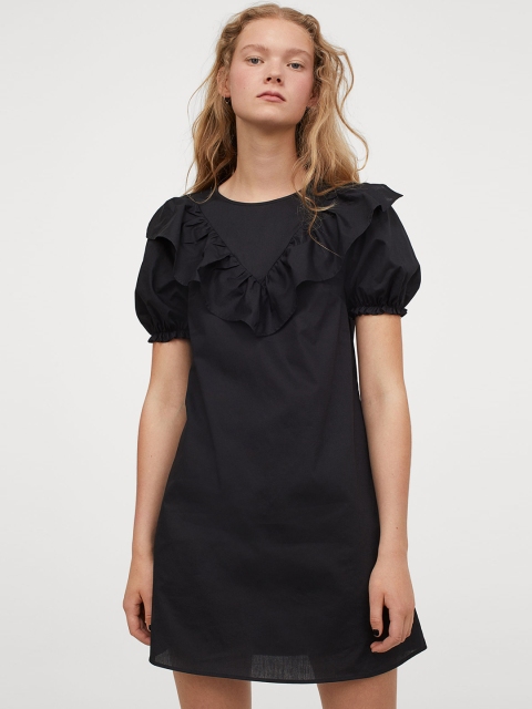 

H&M Women Black Flounce-Trimmed Cotton Dress