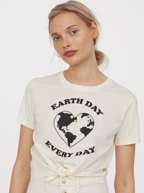 

H&M Women White & Black Printed Tie-Hem T-shirt