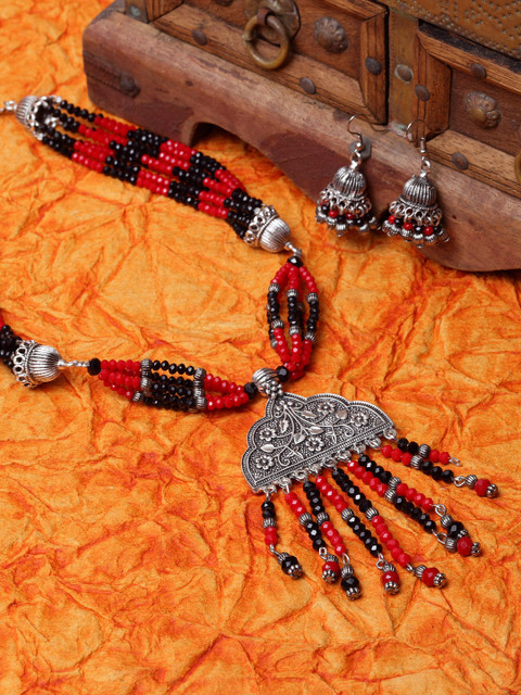 

Moedbuille Silver Plated Red & Black Crystal Studded Temple Handcrafted Jewellery Set