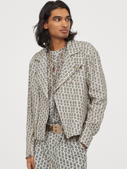

H&M Men Off-White & Blue Floral Print Cotton Canvas Biker Jacket
