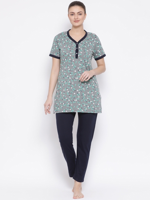 

Kanvin Women Grey & Navy Blue Printed Night suit