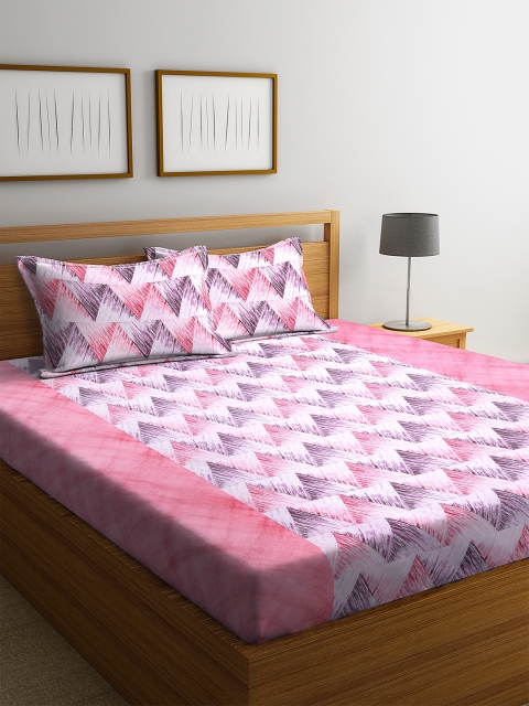 

NEUDIS Pink & Purple Geometric 210 TC Cotton 1 King Bedsheet with 2 Pillow Covers