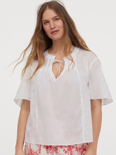 

H&M Women White Solid Pin-Tuck Cotton Blouse