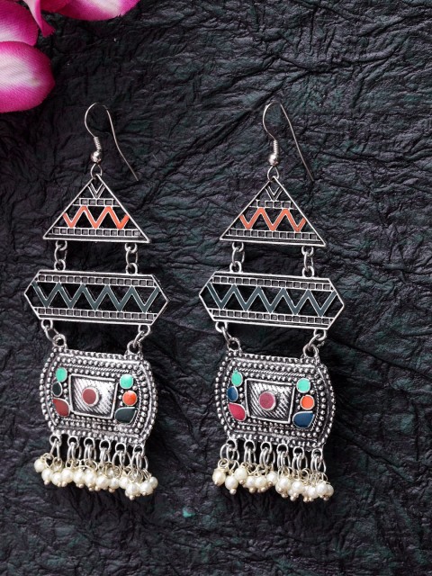 

Moedbuille Brass Plated & Silver-Toned Meenakari Drop Earrings