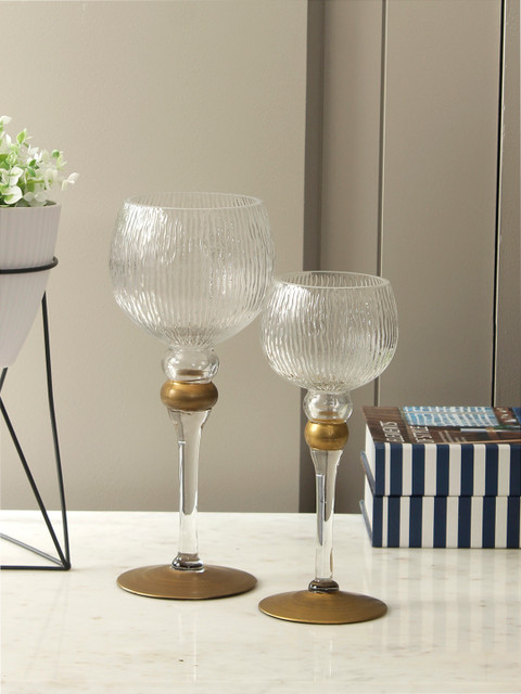 

Living Essence Pack of 2 Claire Gold Glass Candle Holders 26.4 cm, Transparent