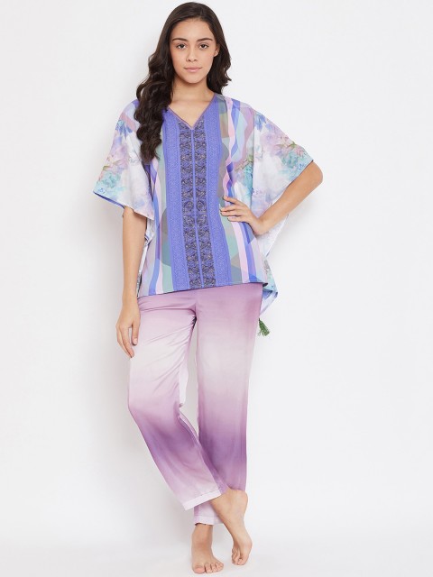 

The Kaftan Company Women Purple & White Printed Night Suit