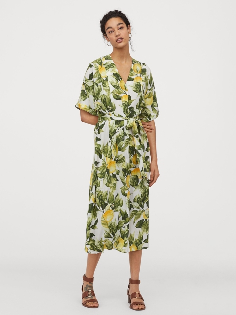 

H&M Women White & Green Printed Kaftan Dress