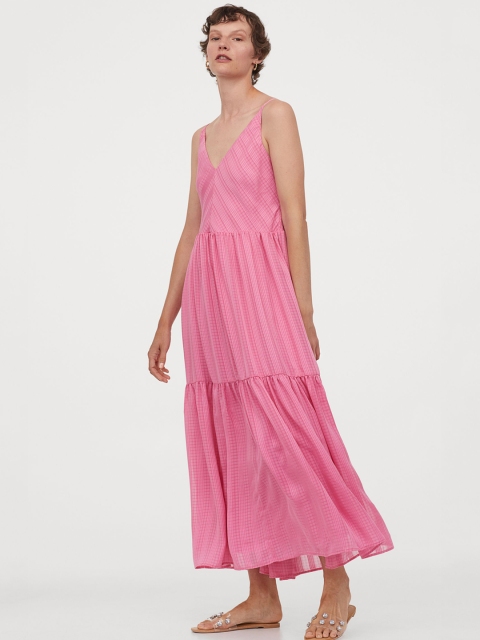 

H&M Women Pink Checked V-Neck Maxi Dress