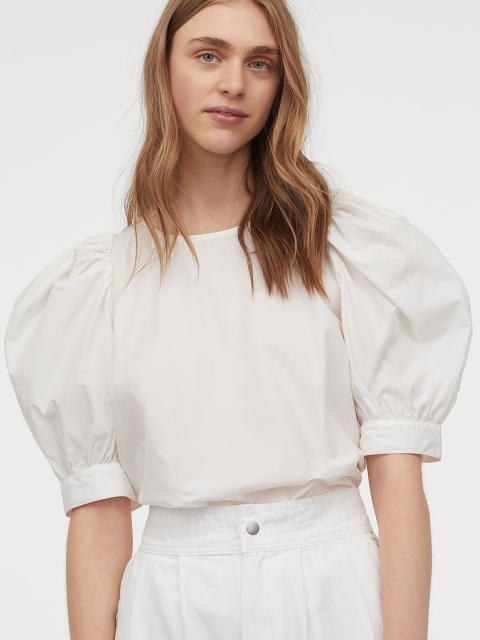 

H&M Women White Solid Puff-sleeved Pure Cotton Blouse