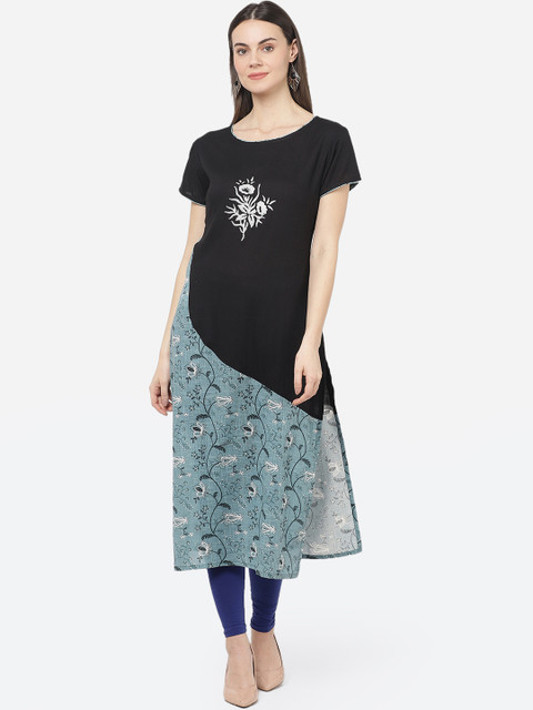 

aayusika Women Black & Green Printed Straight Kurta