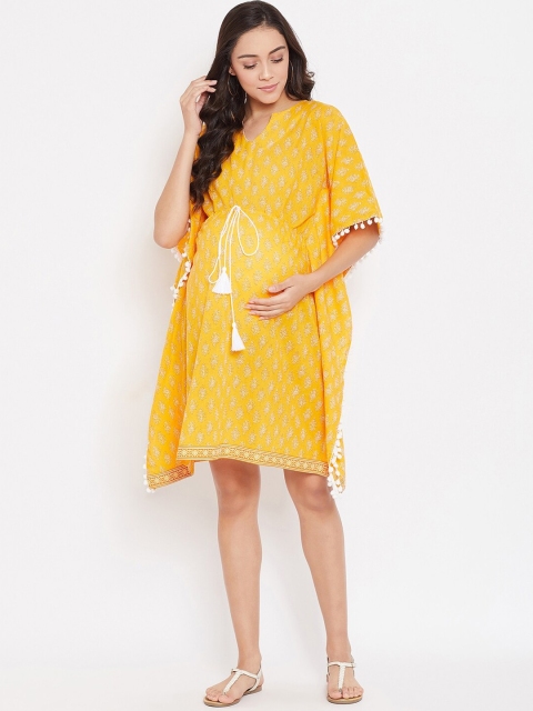 The Kaftan Company Women Yellow Block Printed Maternity Kaftan Dress