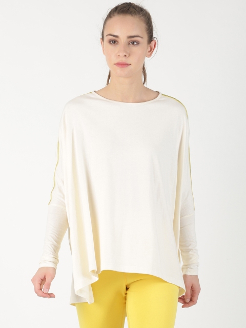 

Soul Space Women Cream Solid A-Line Top With Side Stripes