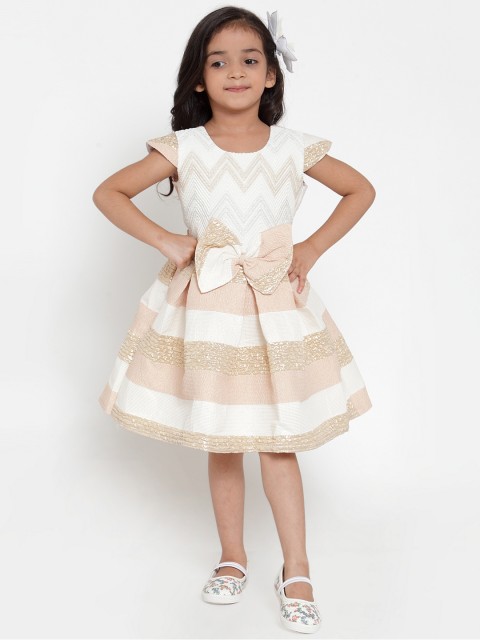 

Aarika Girls Cream-Coloured & Beige Self Design Silk Fit and Flare Dress