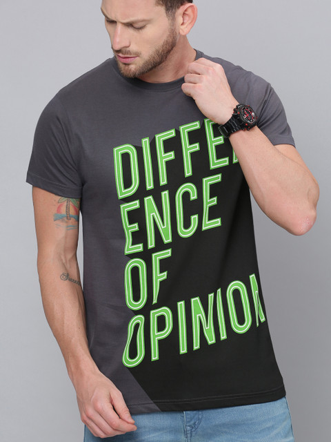 

Difference of Opinion Men Grey Green Printed Round Neck Pure Cotton T-shirt