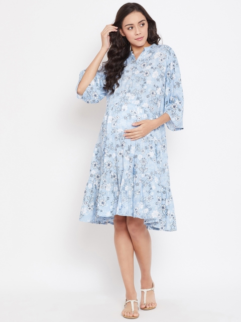 

The Kaftan Company Women Blue & White Floral Print Maternity Dress