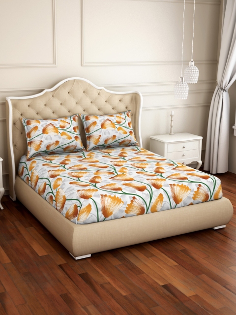 

CORE Designed by SPACES Grey & Orange Floral 104 TC Cotton 1 Queen Bedsheet with 2 Pillow Covers