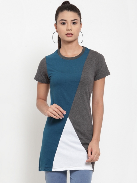 

Kalt Women's White & Teal Blue Colourblocked Tunic