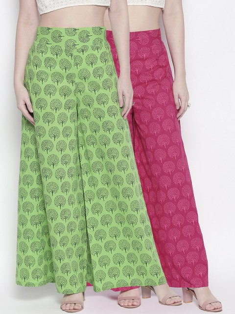 

Desi Weavess Women Pack Of 2 Pink & Green Printed Flared Palazzos