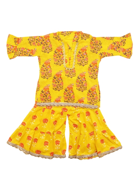 YK Girls Yellow & Orange Printed Gotta Patti Kurti with Sharara