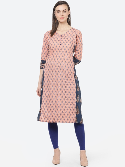 

aayusika Women Coral & Blue Printed Straight Kurta
