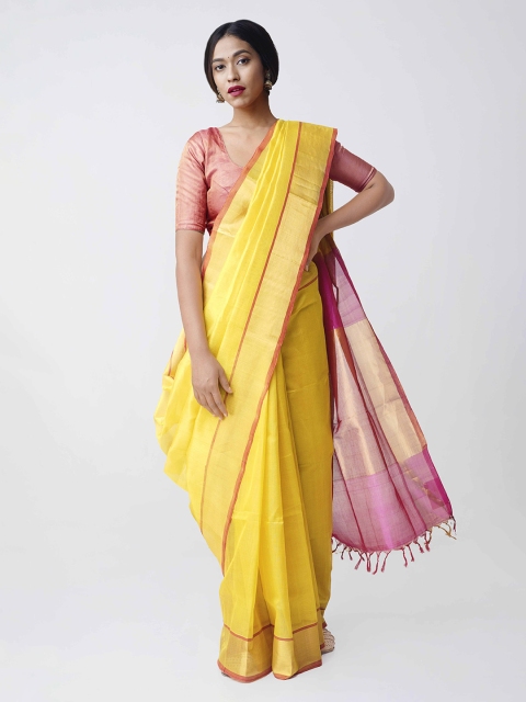 

Unnati Silks Yellow & Pink Silk Cotton Handloom Woven Design Uppada Saree