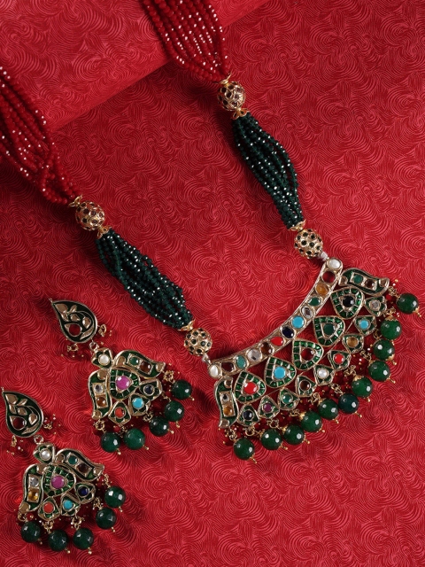 

Shoshaa Gold-Plated Green & Red Onyx Studded Navratna Layered Jewellery Set