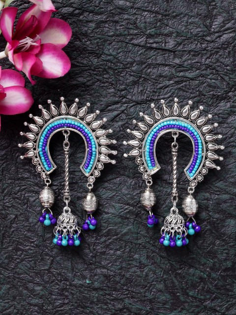

Moedbuille Blue & Silver-Toned Dome Shaped Handcrafted Drop Earrings