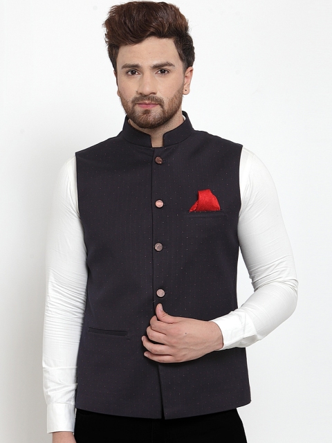 

MAXENCE Men Navy Blue Woven Design Slim Fit Nehru Jacket with Pocket Square
