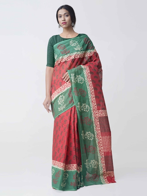 

Unnati Silks Red & Green Organza Printed Kota Saree