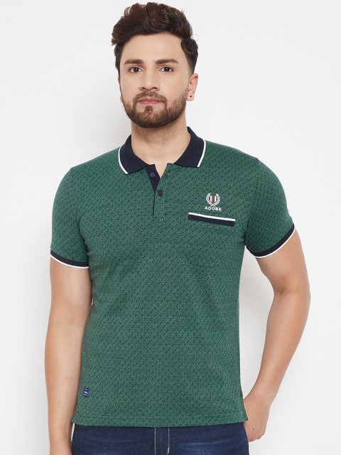 

Adobe Men Green & Navy Blue Self Design Polo Collar T-shirt