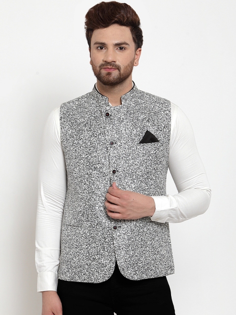

MAXENCE Men Grey Printed Nehru Jacket with Pocket Square