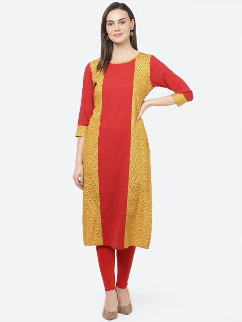 

aayusika Women Mustard Yellow & Orange Colourblocked Panelled Straight Kurta
