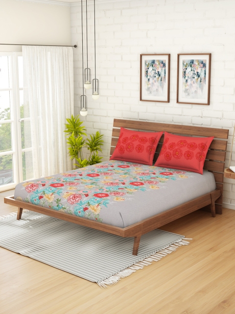 

CORE Designed by SPACES Grey & Pink Floral Queen Bedsheet with 2 Pillow Covers