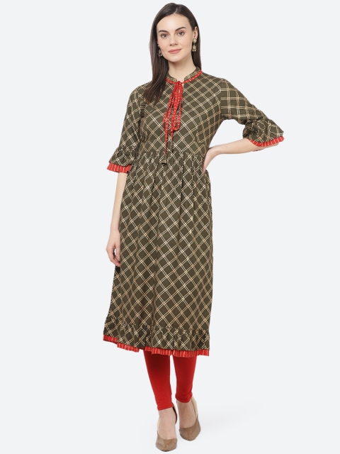 

aayusika Women Olive Green & Gold-Toned Checked Anarkali Kurta