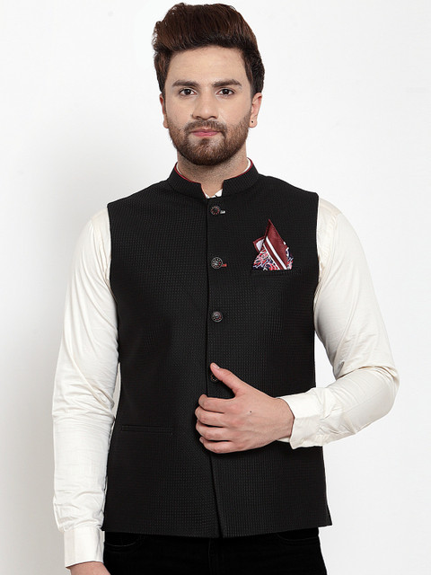 

MAXENCE Men Black Solid Slim Fit Nehru jacket With Pocket Square