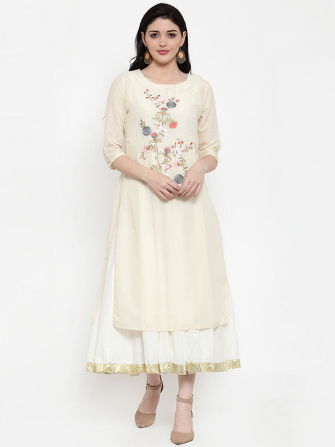 

ANAISA Women Off-White & Pink Embroidered A-Line Kurta
