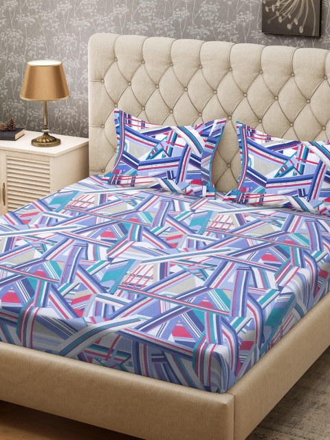 

CORE Designed by SPACES Blue Geometric 104 TC Cotton 1 Queen Bedsheet with 2 Pillow Covers