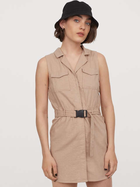 

H&M Women Beige Solid Cotton Utility Dress