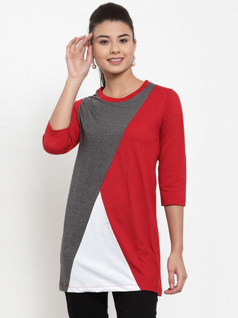

Kalt Women Grey & Red Colourblocked Round Neck Longline T-shirt