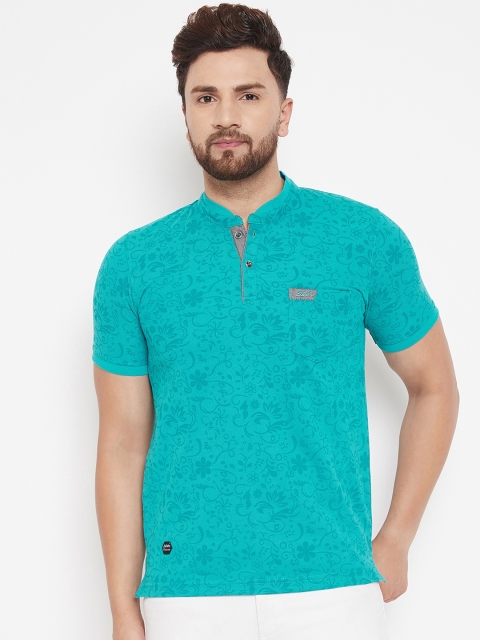 

Adobe Men Turquoise Blue Printed Mandarin Collar T-shirt
