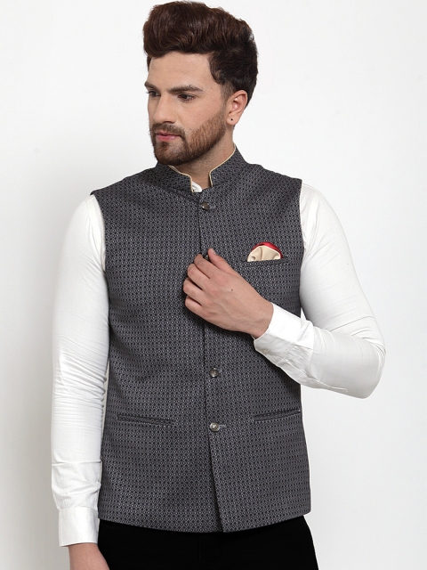 

MAXENCE Men Grey Checked Jacquard Nehru Jacket