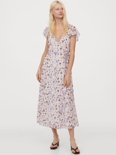 

H&M Women White Printed Long V-neck dress