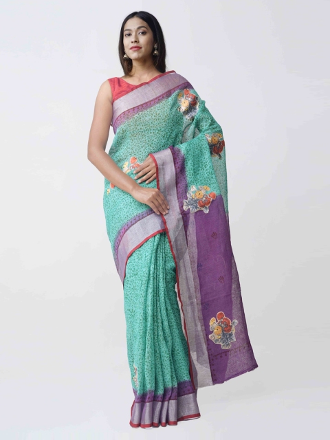 

Unnati Silks Green & Purple Pure Handloom Linen saree