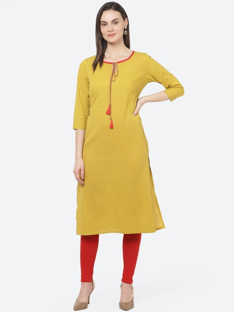 

aayusika Women Mustard Yellow Striped Straight Kurta