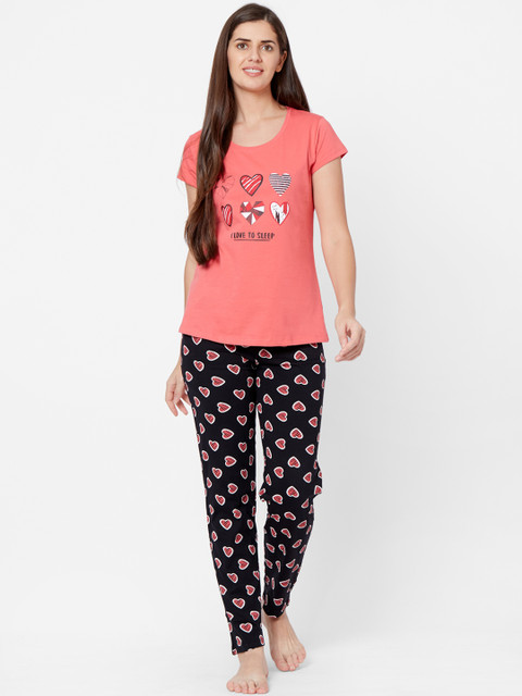 

Juliet Women Peach-Coloured & Black Printed Night suit