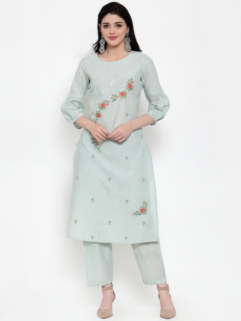 ANAISA Women Sea Green Embroidered Kurta with Trousers
