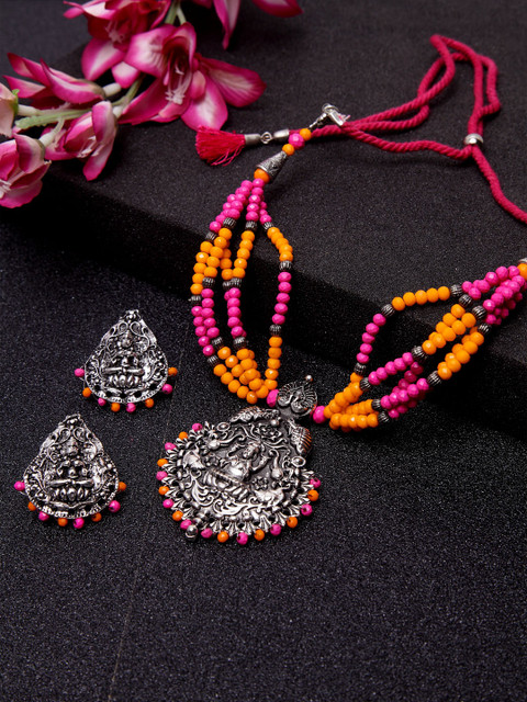 

Moedbuille Silver-Plated Pink & Orange-Colored Crystal Studded Antique Filigree Work Afghan Tribal Handcrafted Jewellery Set