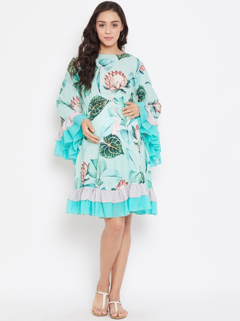 

The Kaftan Company Women Blue & White Tropical Print A-Line Matrnity Dress