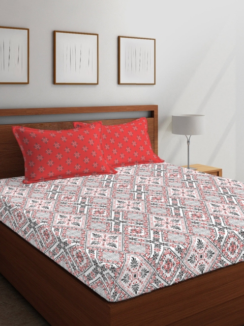 

Boutique Living India White & Red Ethnic Motifs 144 TC Cotton 1 Queen Bedsheet with 2 Pillow Covers