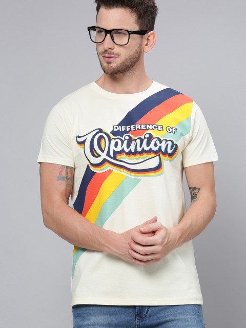 

Difference of Opinion Men Off-White Printed V-Neck Pure Cotton T-shirt